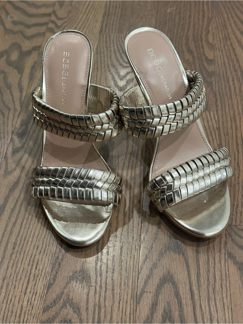 BCBGeneration Metallic Gold Braided Double-Strap Heels